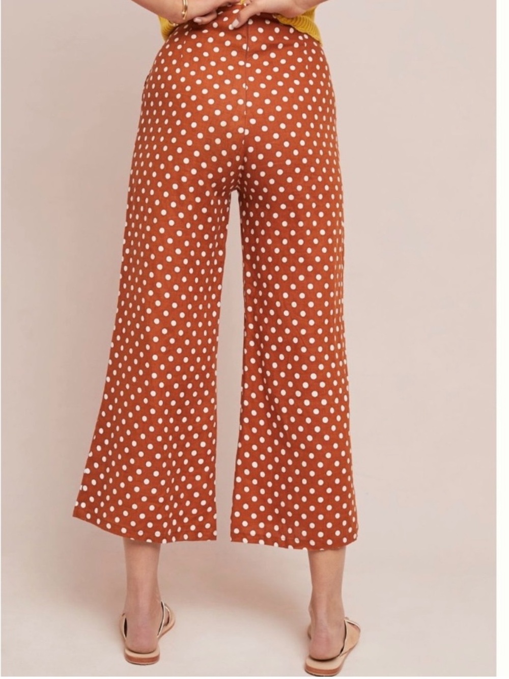 Anthro Faithfull Brown Polka Dot Wide-Leg Linen Pants Tomas Cropped pant 6 EUC - Picture 13 of 16